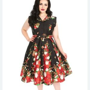 EUC Hearts & Roses London Black Floral 50s Rockabilly Swing Dress - UK 12 / US 8
